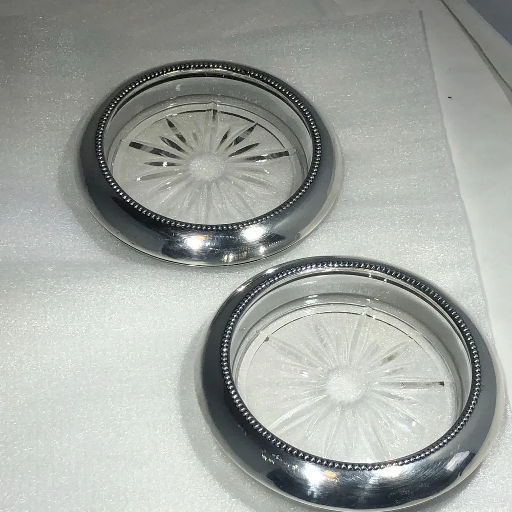 FRANK M WHITING & CO STERLING & CRYSTAL COASTERS - SET of 2